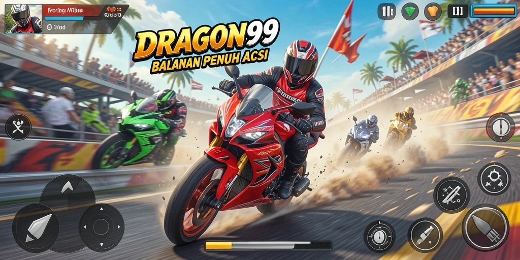 Tampilan gameplay dari DRAGON99 dengan aksi balapan motor yang mendebarkan.