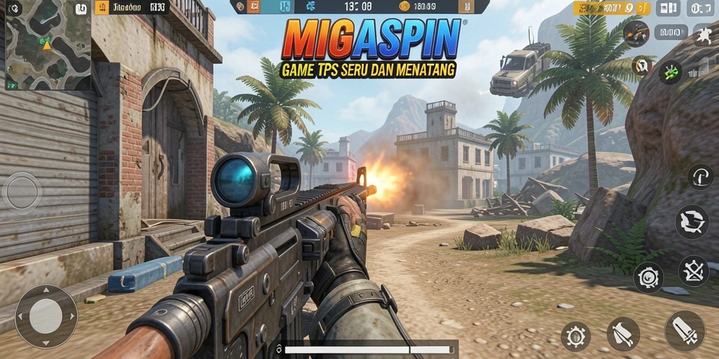 Screenshot gameplay MIGASPIN menunjukkan aksi seru dalam pertempuran TPS.