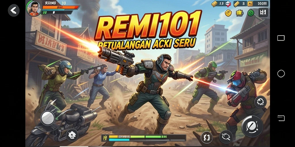Tangkapan layar utama REMI101 menampilkan aksi seru di medan pertempuran.