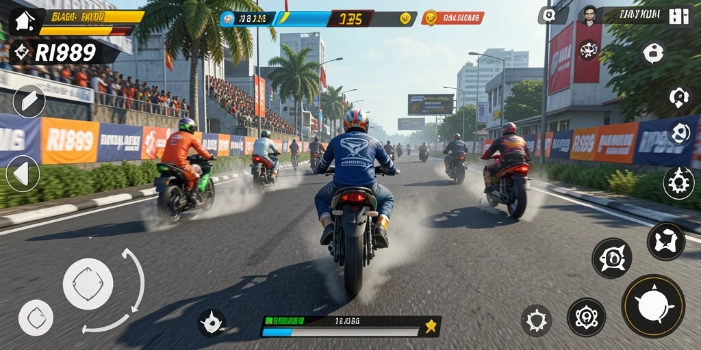 Tampilan gameplay motor racing yang intens dan mendebarkan.