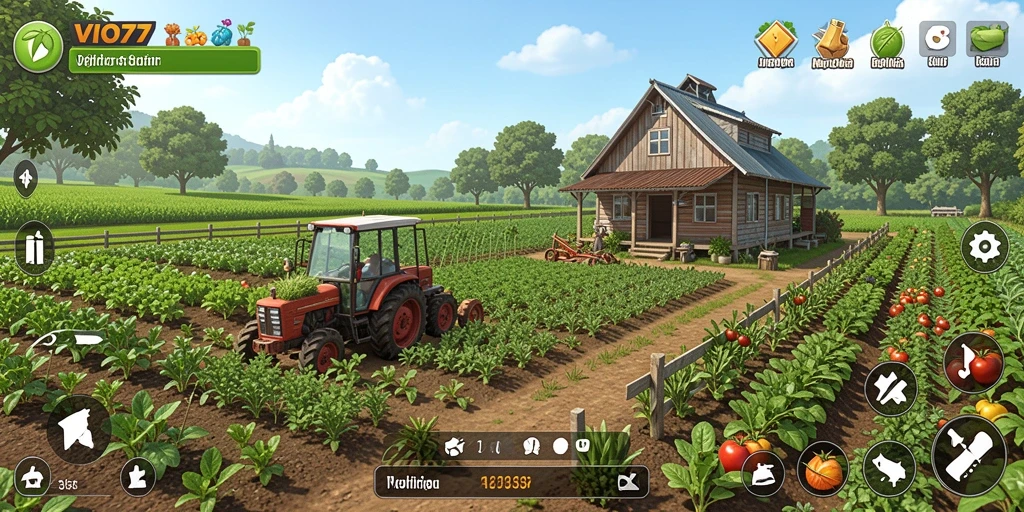 Screenshot gameplay VIO77 menunjukkan aktivitas bertani yang seru dan interaksi pemain.