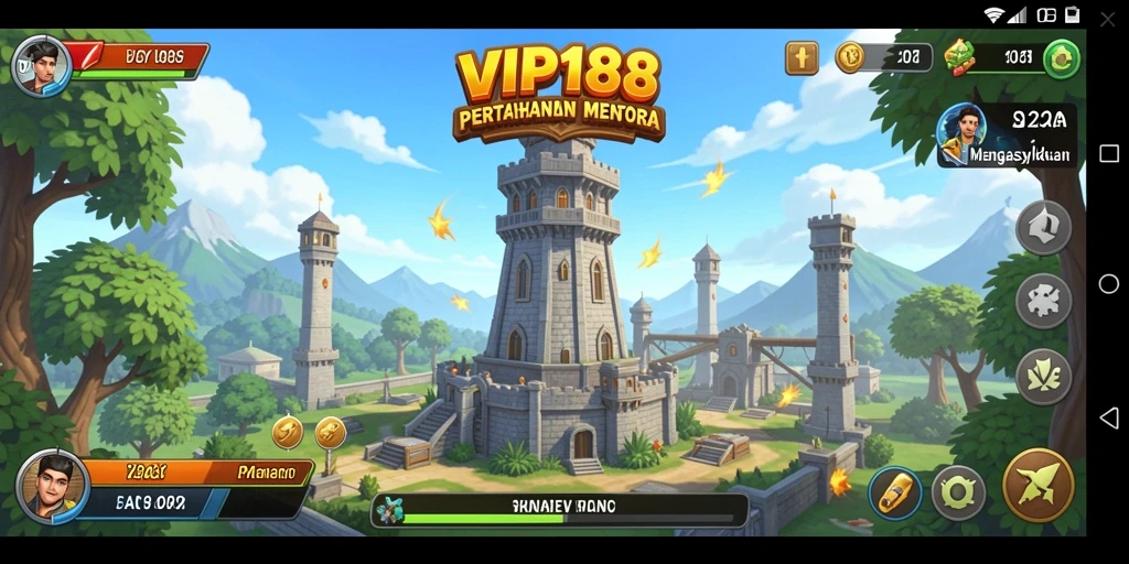 Screenshot VIP188 menampilkan aksi pertahanan menara yang intens.